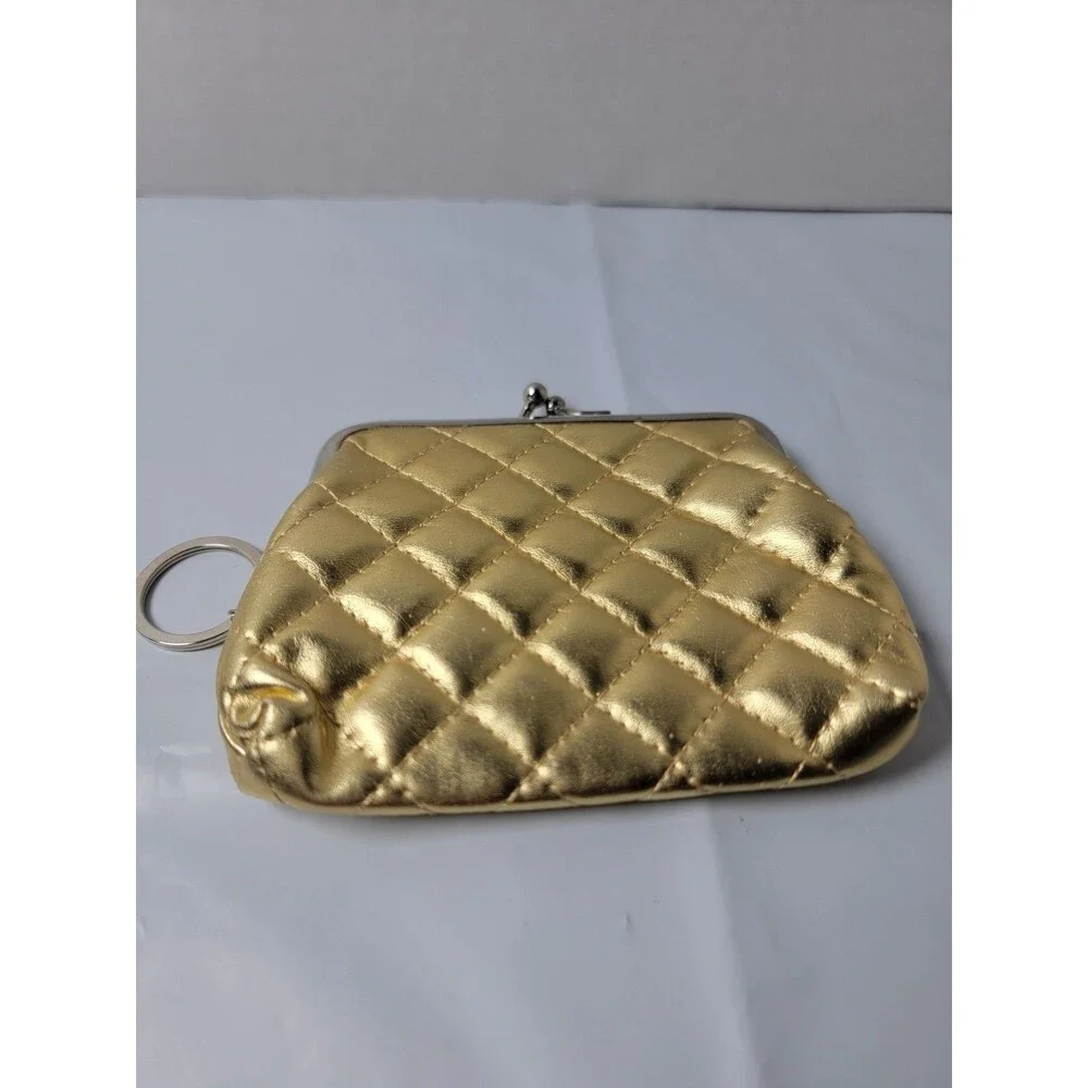 Gold Quilted Kiss Lock Coin Purse Keychain Mini Wallet Metallic Clutch Pouch